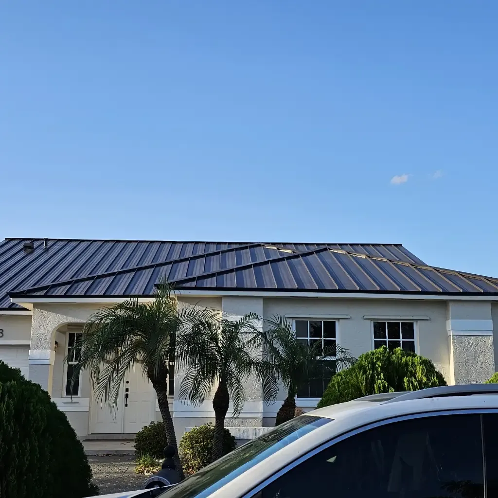 Casa con techo de metal nuevo y palmeras