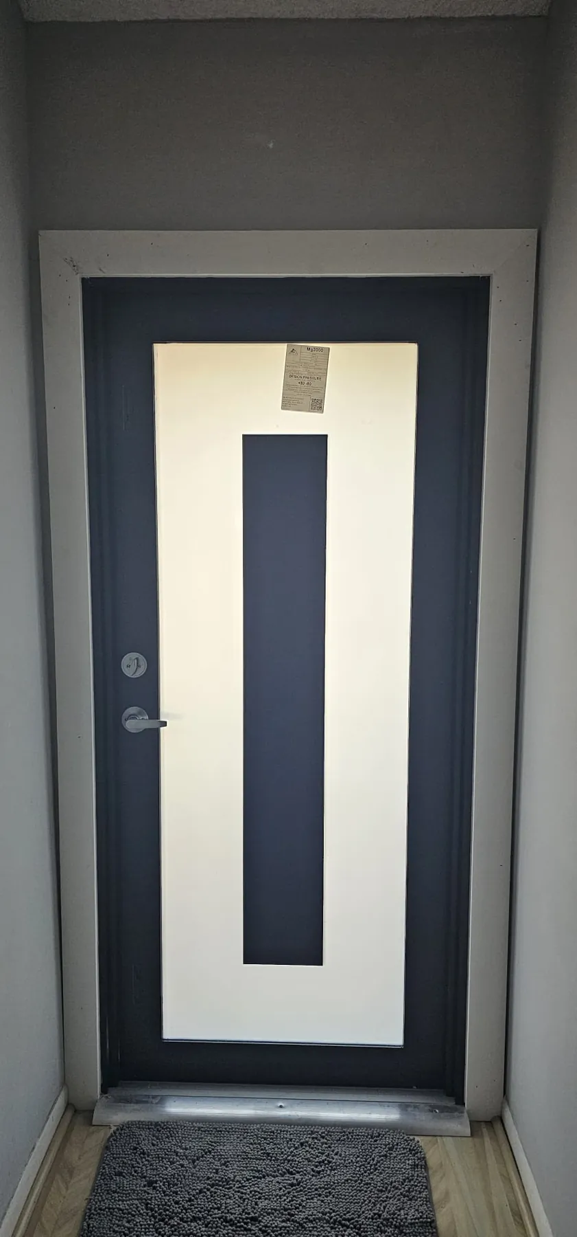 Puerta de entrada de impacto negra con panel vertical esmerilado